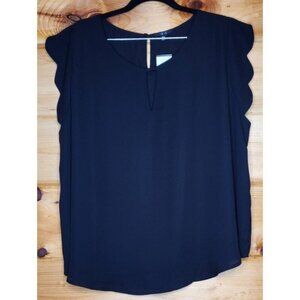 Iris Blouse Womens Size 3X Junior Scalloped Sleeve Black Career Sheer Back NWT